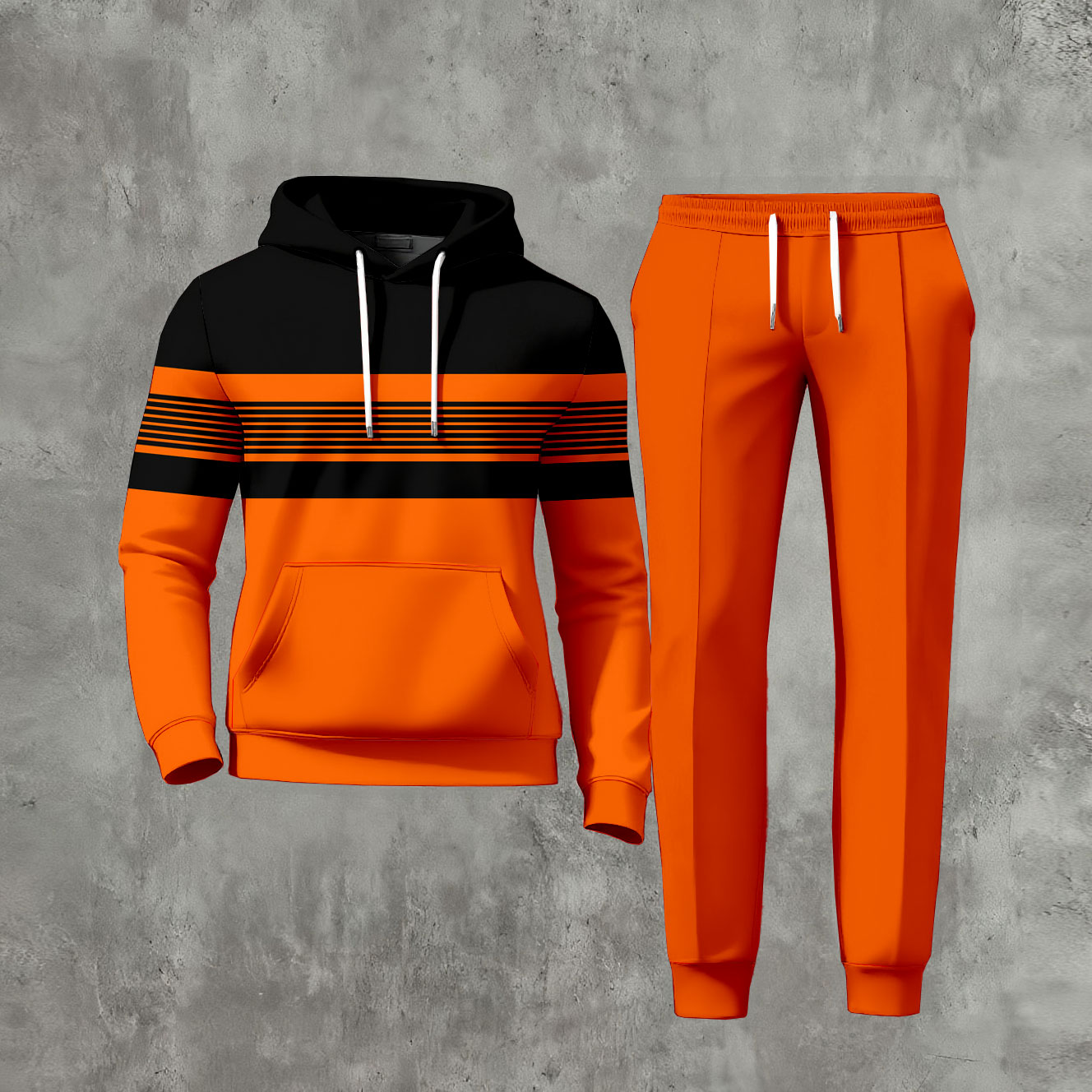 Conjunto de dos piezas casual Orange And Black a rayas Color Matching estampado de manga larga sudadera con capuchas sudadera & Trousers para hombre
