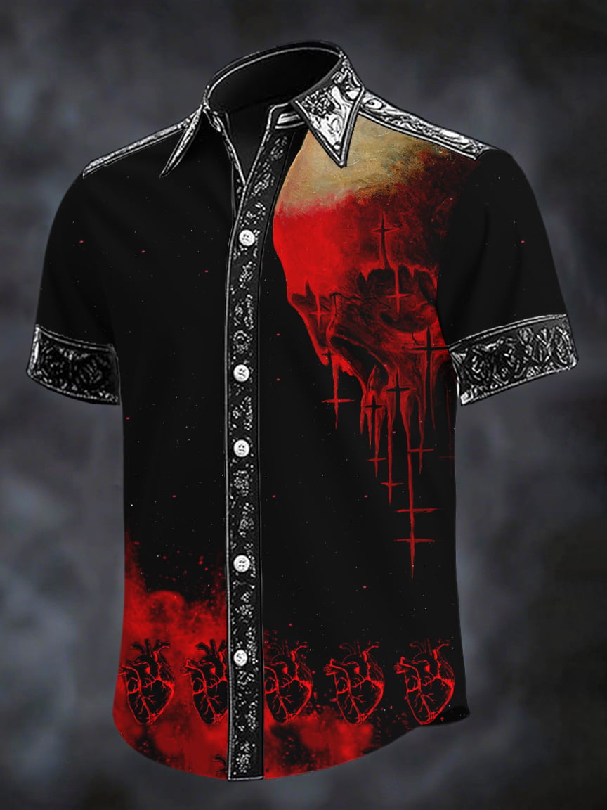 Camisa retro Western Skull and Heart estampado de manga corta para hombre