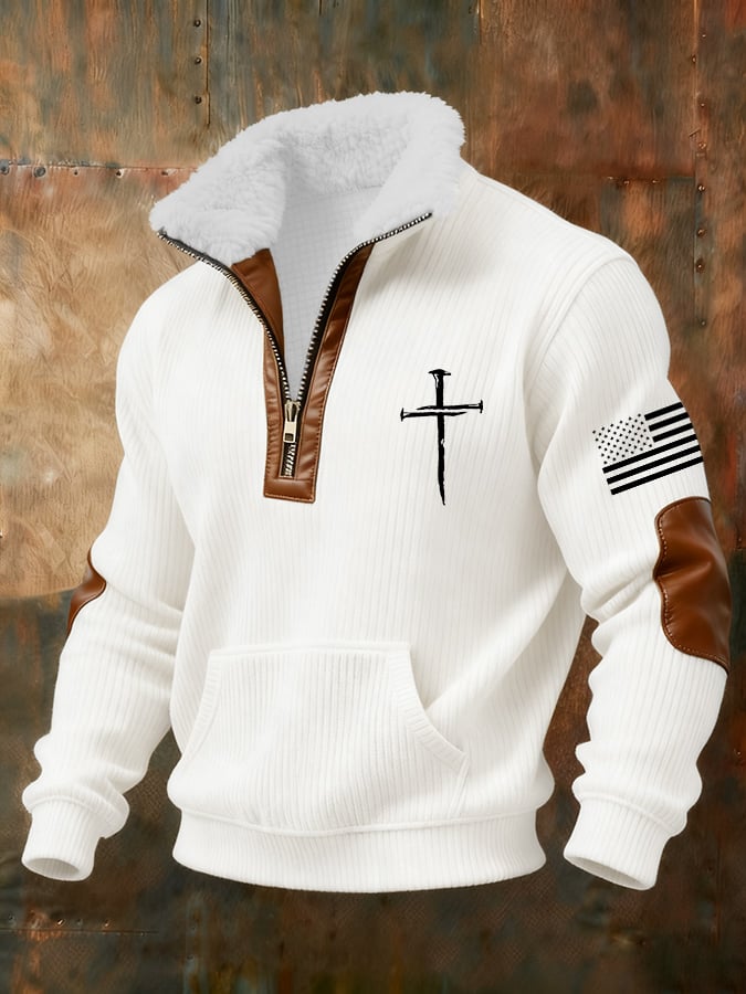 Sudadera retro Faith Cross estampado cierre Fur cuello de manga larga para hombre