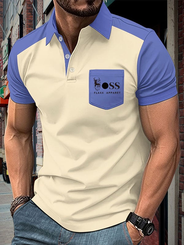 Camisa polo ejecutivo Color-Blocked Logo con botones de manga corta para hombre