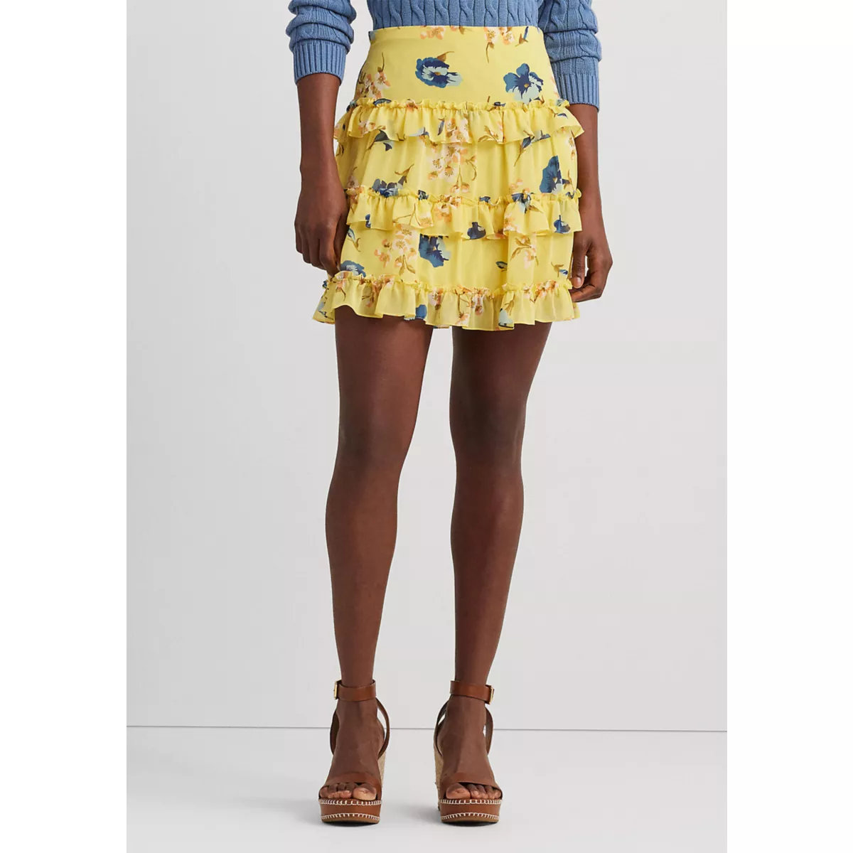 Floral Ruffle Trim Georgette Mini Skirt - 1