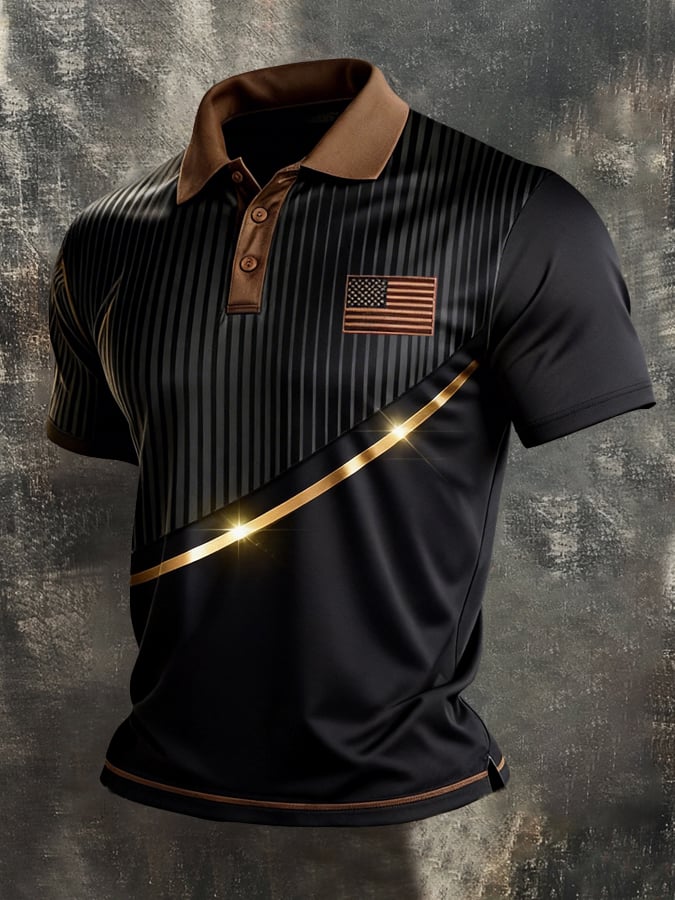 Retro Patriot en bloques de color Polo Collar de manga corta para hombre