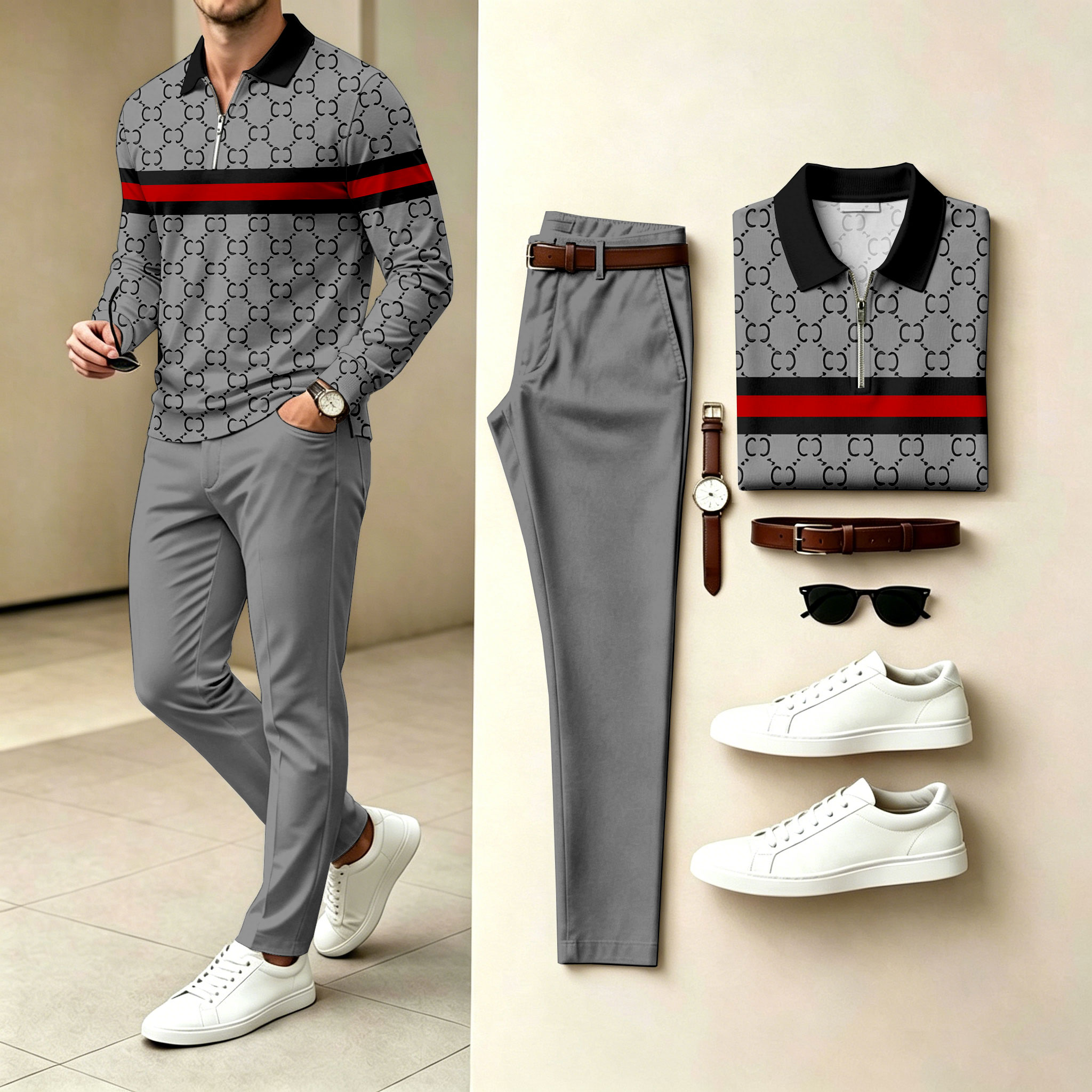 Conjunto de dos piezas Dark Gray Polo-Collar Zipper de manga larga camisa and pantalón para hombre
