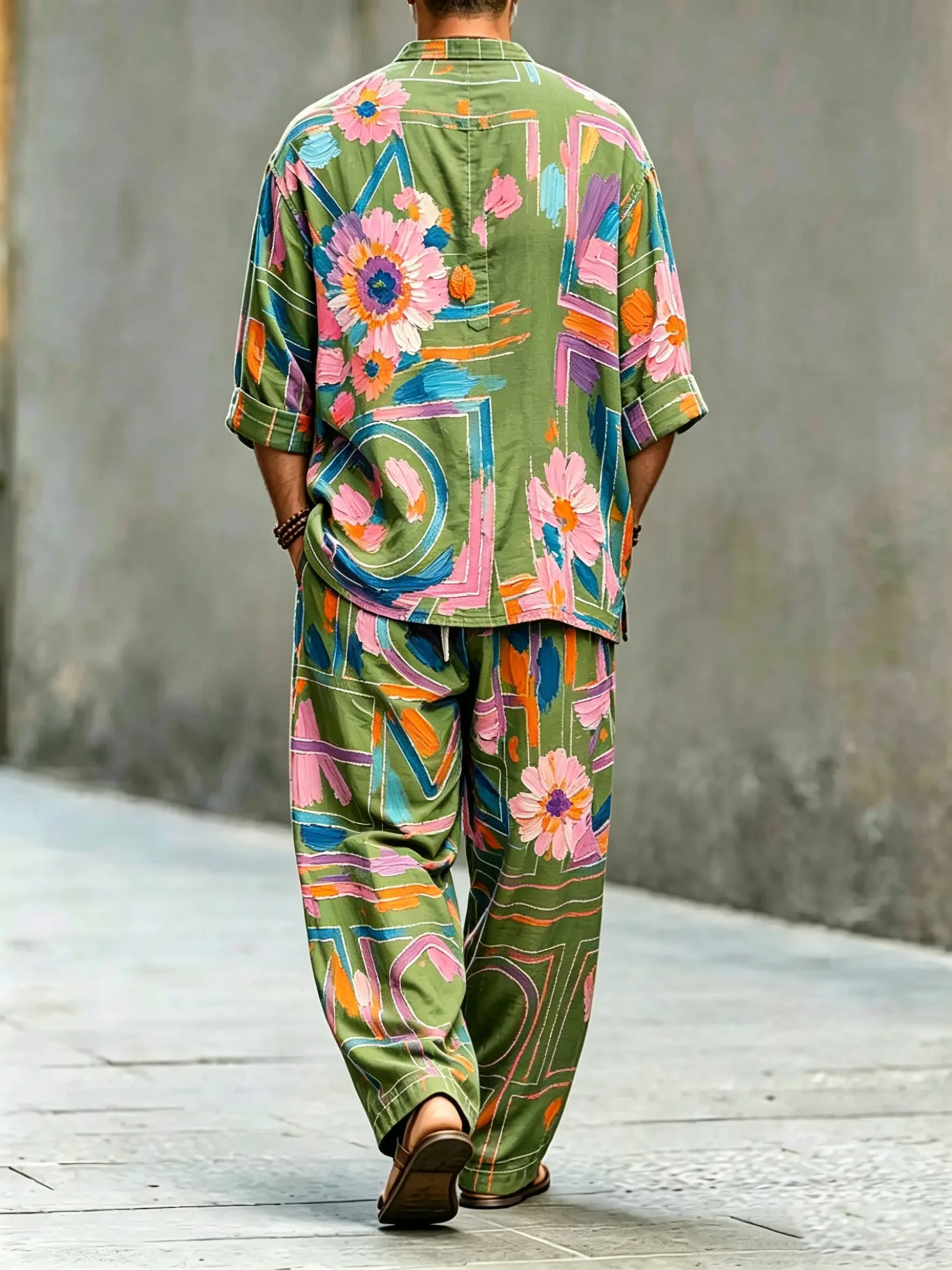 para hombre vintage Abstract Art estampado de algodón camisa Set (Top & pantalón)