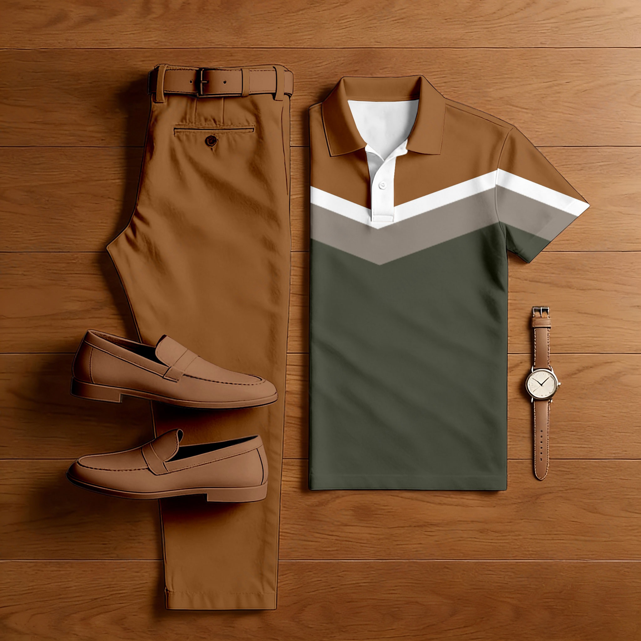 Conjunto de dos piezas casual Brown estampado Color-Blocked de manga corta camisa And shorts para hombre