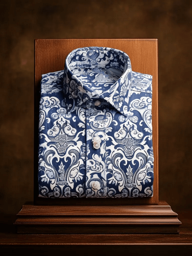 Camisa de lujo Romantic Contrast Color estampado de manga larga para hombre