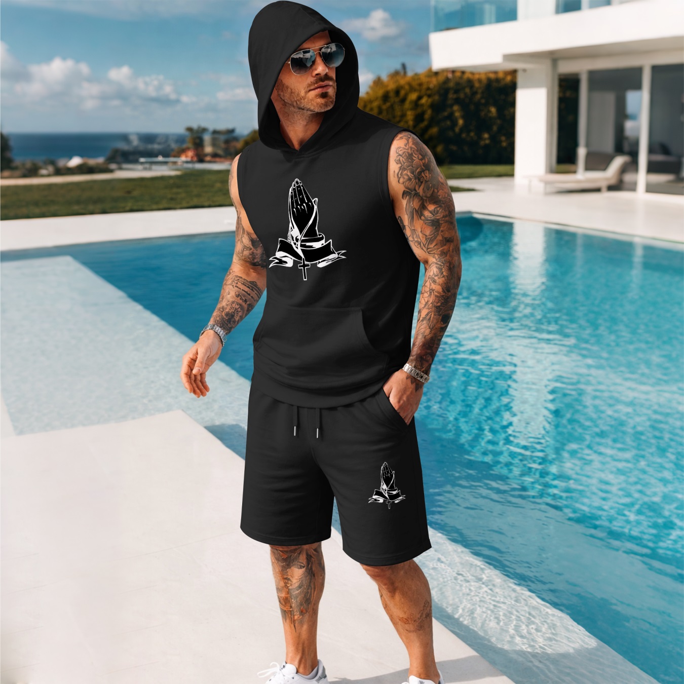 Sudadera con capucha Sleeveless & shorts Set – Praying Hands Graphic, Faith Cross Design, casual Summer Streetwear, Lightweight Comfort Fit, TikTok Hot Trend, Gym & para uso diario Wear para hombre
