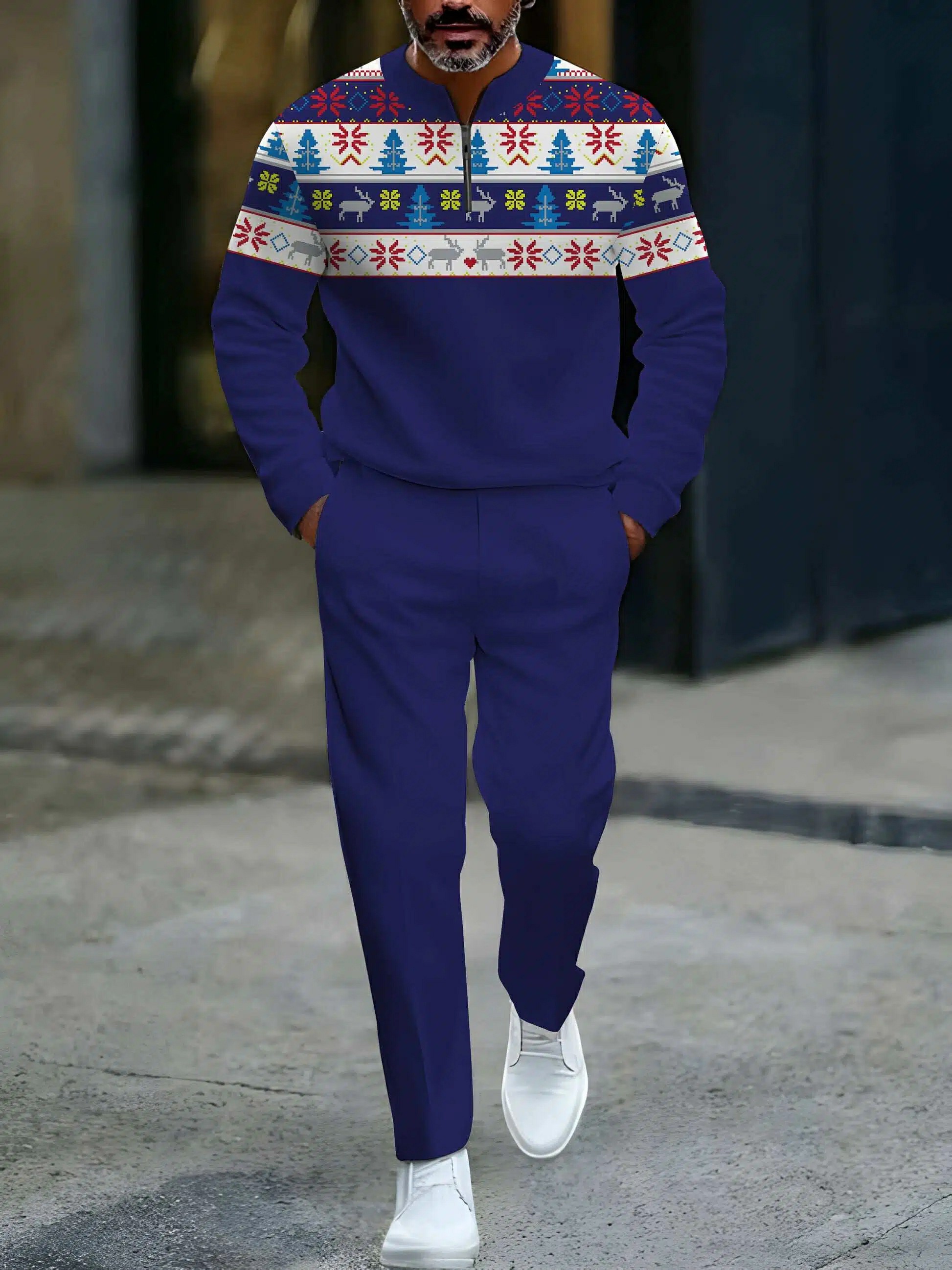 Conjunto de dos piezas casual Royal & White Color Matching Christmas estampado Round-Neck Zipper de manga larga sudadera & Trousers para hombre