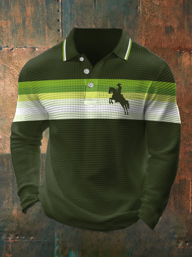 Camisa polo retro Lettering Design Waffle Fabric de manga larga para hombre