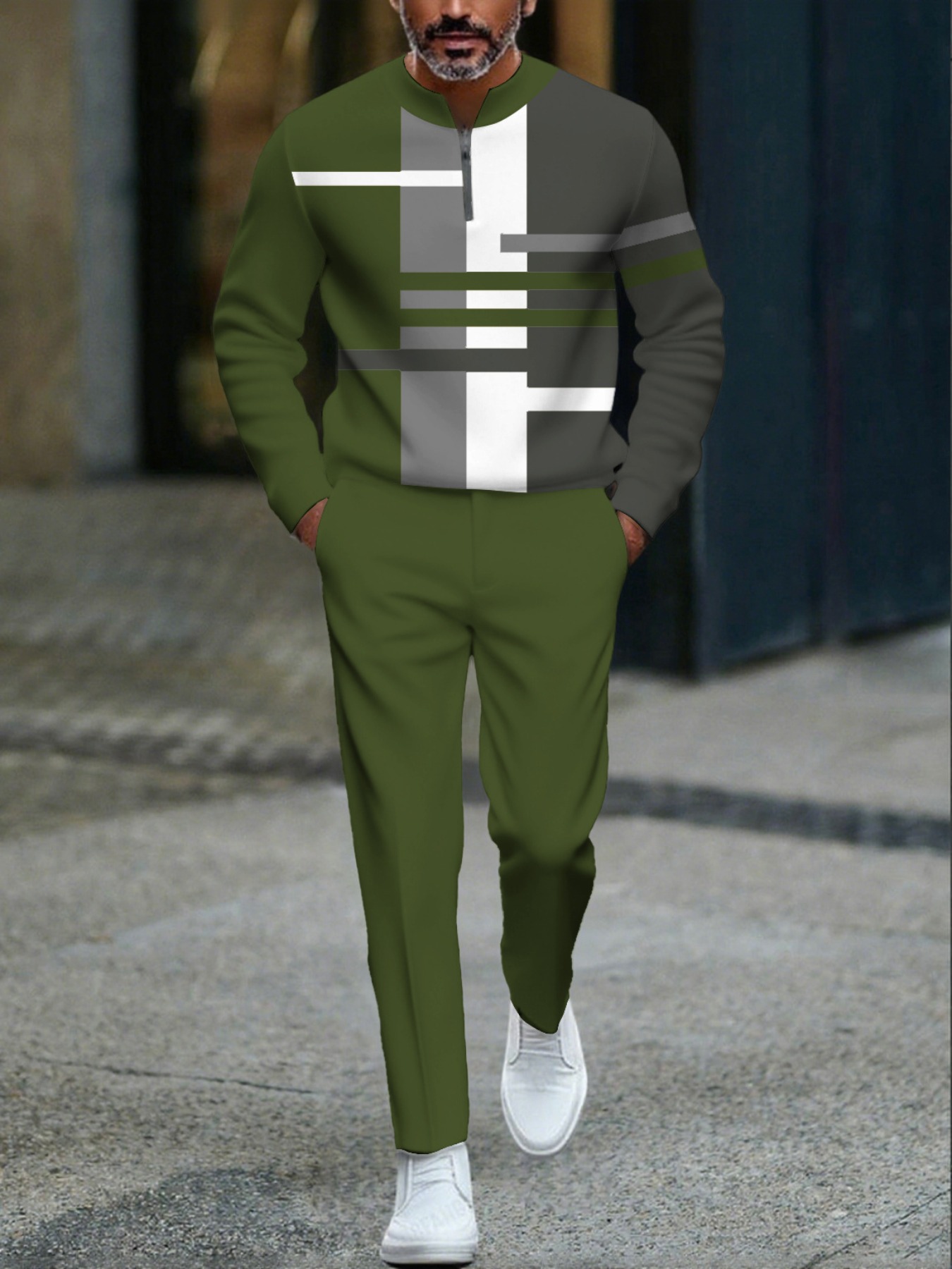 Conjunto de dos piezas casual Green & Gray Color Matching geométrico estampado Round-Neck cierre de manga larga Tops & Trousers para hombre
