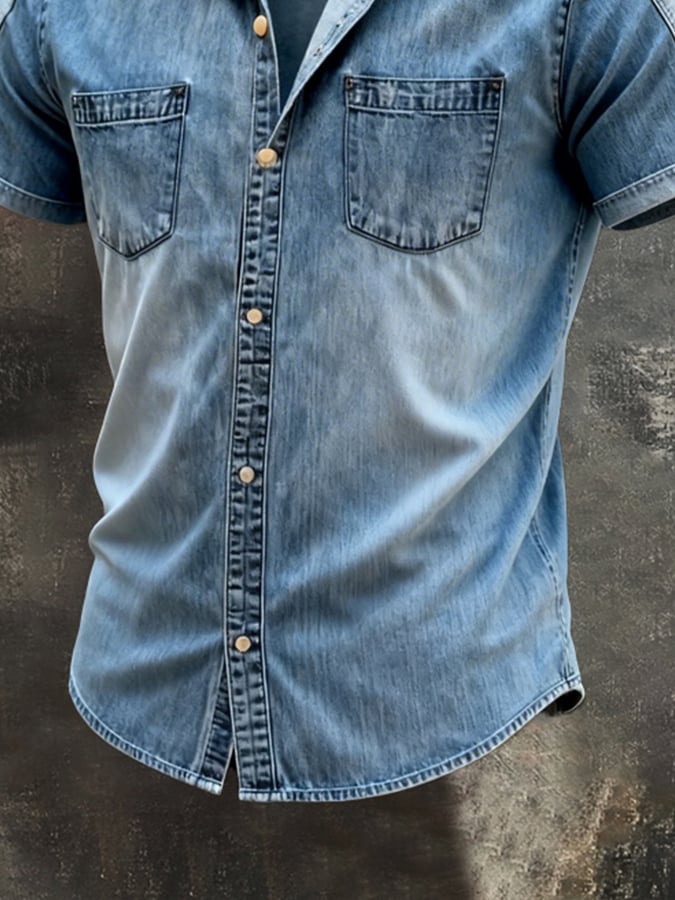Camisa retro en bloques de color mezclilla de manga corta para hombre