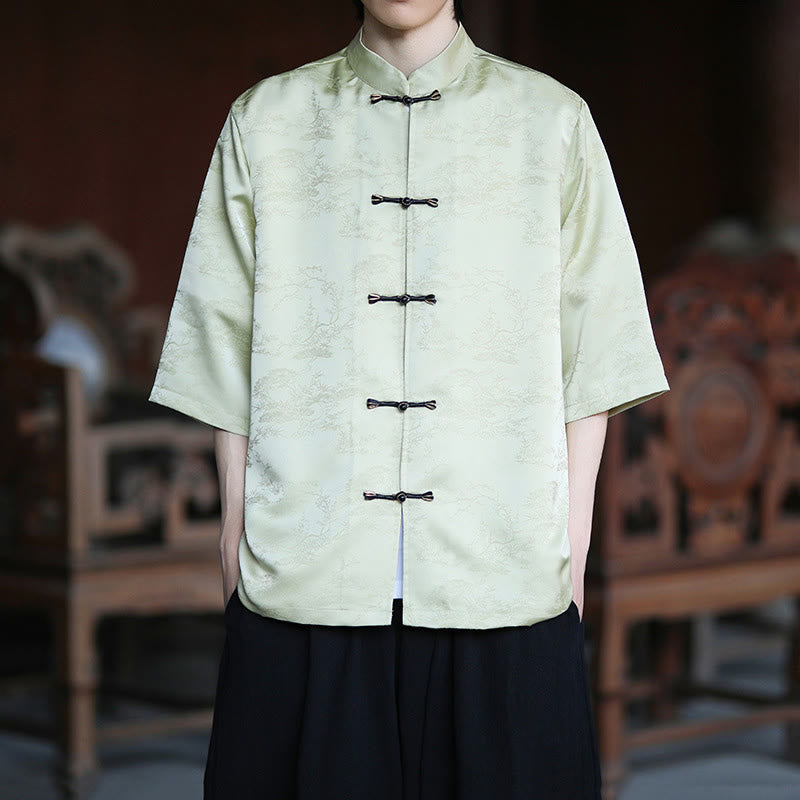 Camisa Buddha Stones Summer Pine Tree Mountain Pattern Half Sleeve Frog-Button Design para hombre