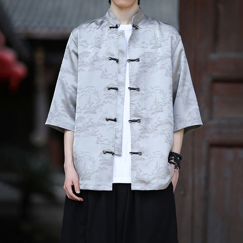 Camisa Buddha Stones Summer Pine Tree Mountain Pattern Half Sleeve Frog-Button Design para hombre