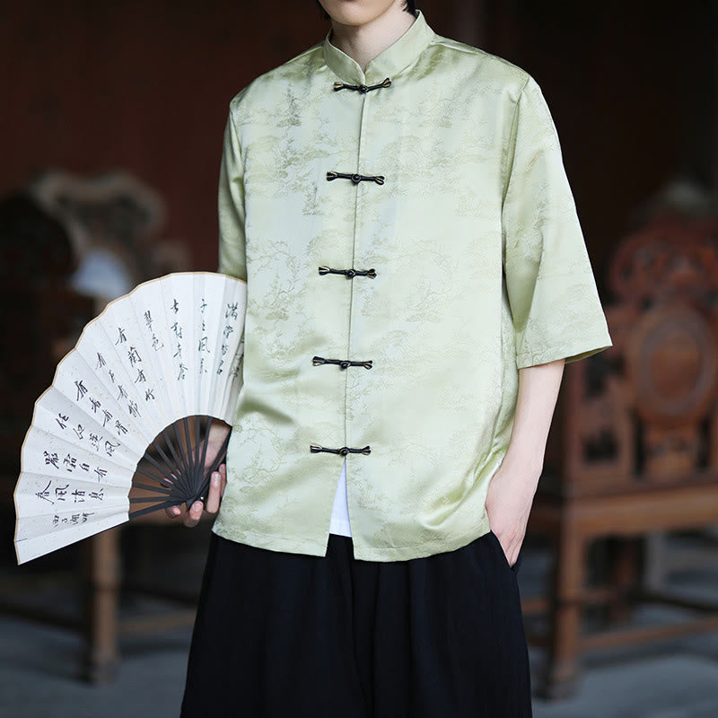 Camisa Buddha Stones Summer Pine Tree Mountain Pattern Half Sleeve Frog-Button Design para hombre