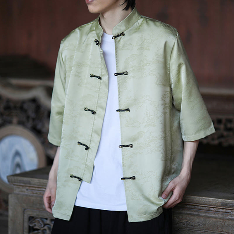 Camisa Buddha Stones Summer Pine Tree Mountain Pattern Half Sleeve Frog-Button Design para hombre