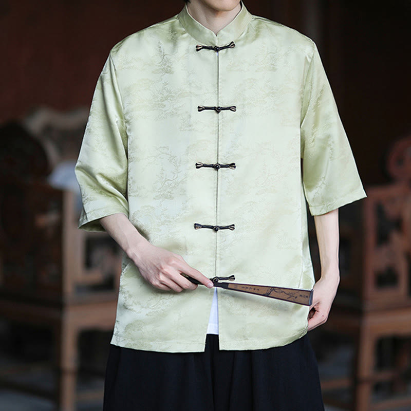 Camisa Buddha Stones Summer Pine Tree Mountain Pattern Half Sleeve Frog-Button Design para hombre