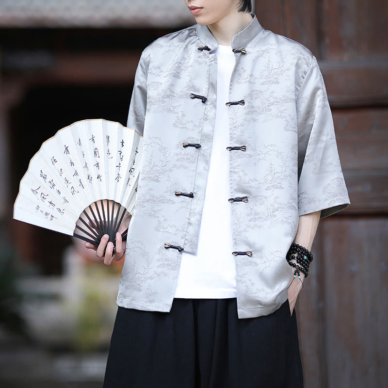 Camisa Buddha Stones Summer Pine Tree Mountain Pattern Half Sleeve Frog-Button Design para hombre