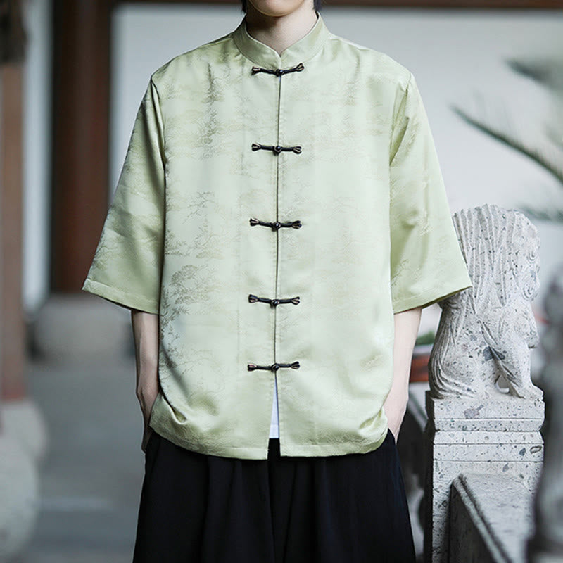 Camisa Buddha Stones Summer Pine Tree Mountain Pattern Half Sleeve Frog-Button Design para hombre