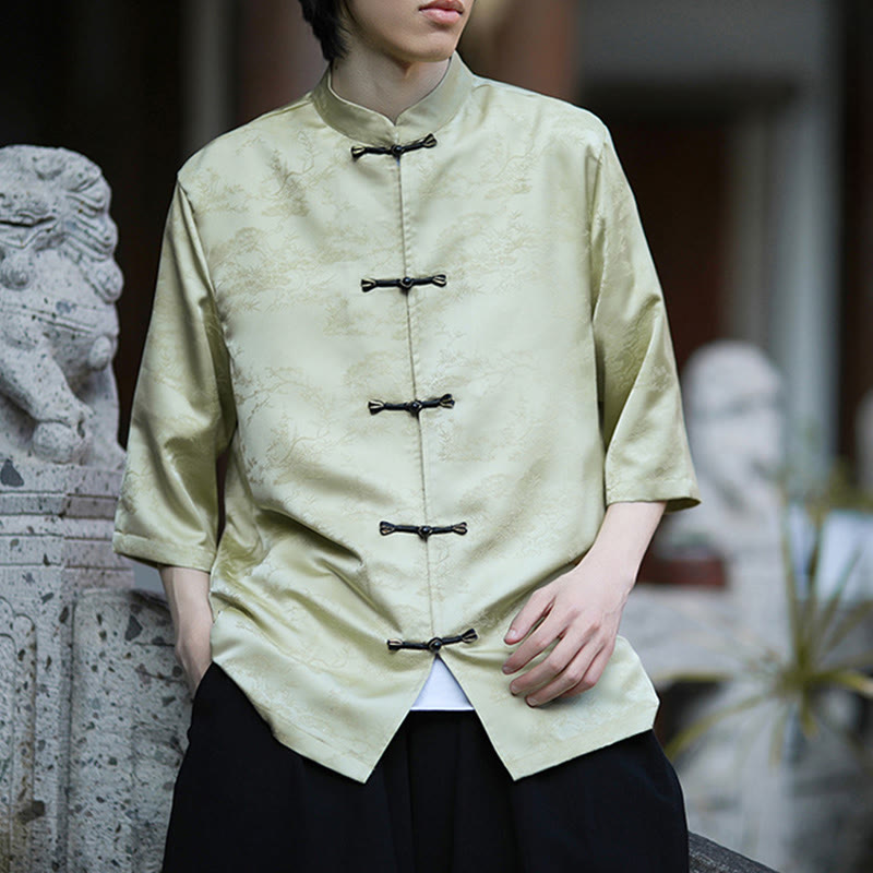 Camisa Buddha Stones Summer Pine Tree Mountain Pattern Half Sleeve Frog-Button Design para hombre