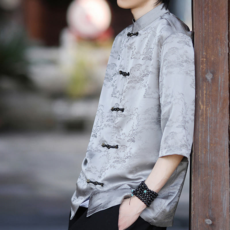 Camisa Buddha Stones Summer Pine Tree Mountain Pattern Half Sleeve Frog-Button Design para hombre