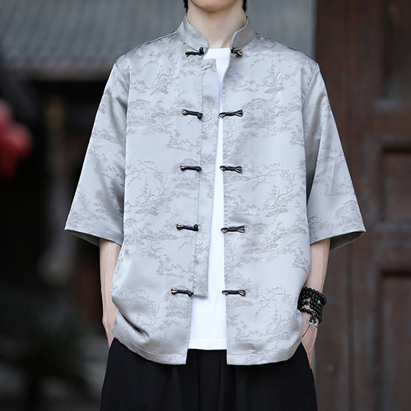 Camisa Buddha Stones Summer Pine Tree Mountain Pattern Half Sleeve Frog-Button Design para hombre