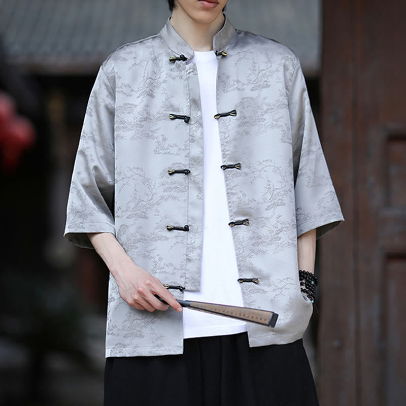 Camisa Buddha Stones Summer Pine Tree Mountain Pattern Half Sleeve Frog-Button Design para hombre