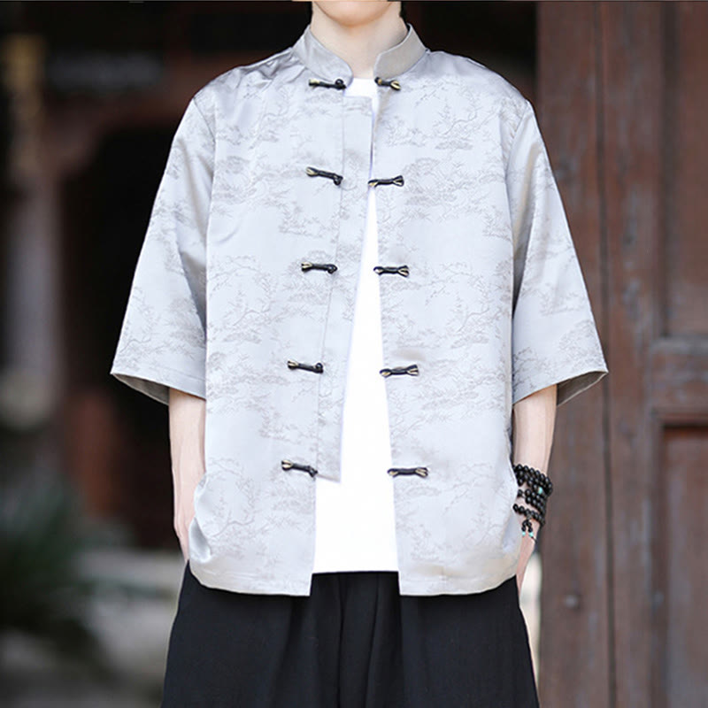Camisa Buddha Stones Summer Pine Tree Mountain Pattern Half Sleeve Frog-Button Design para hombre