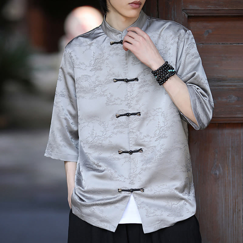 Camisa Buddha Stones Summer Pine Tree Mountain Pattern Half Sleeve Frog-Button Design para hombre