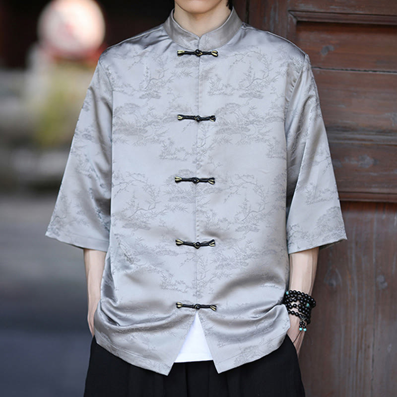 Camisa Buddha Stones Summer Pine Tree Mountain Pattern Half Sleeve Frog-Button Design para hombre
