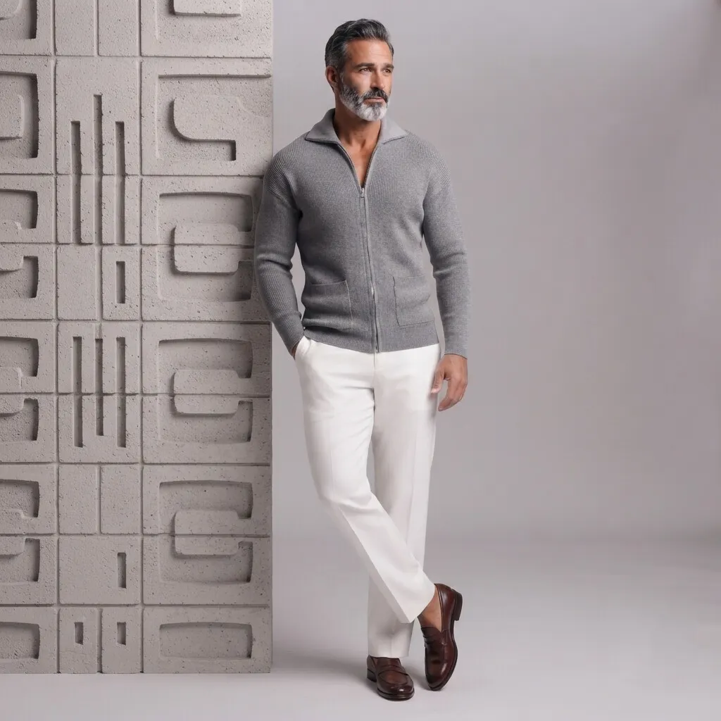 para hombre Gray Ribbed tejido Patch Pockets de corte entallado Full Zip Cardigan