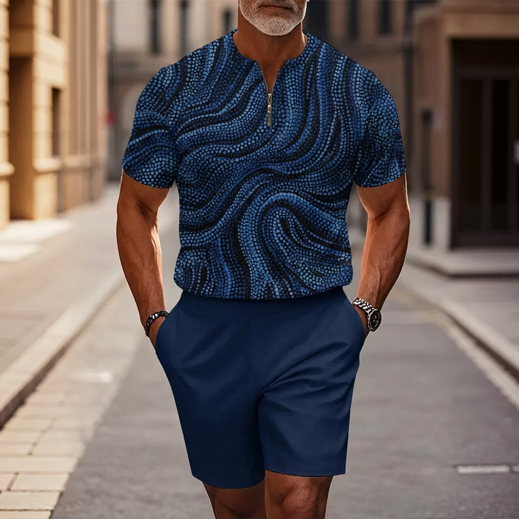 Conjunto de dos piezas casual Dark Blue Curve estampado Half-Zip de manga corta camiseta And shorts para hombre