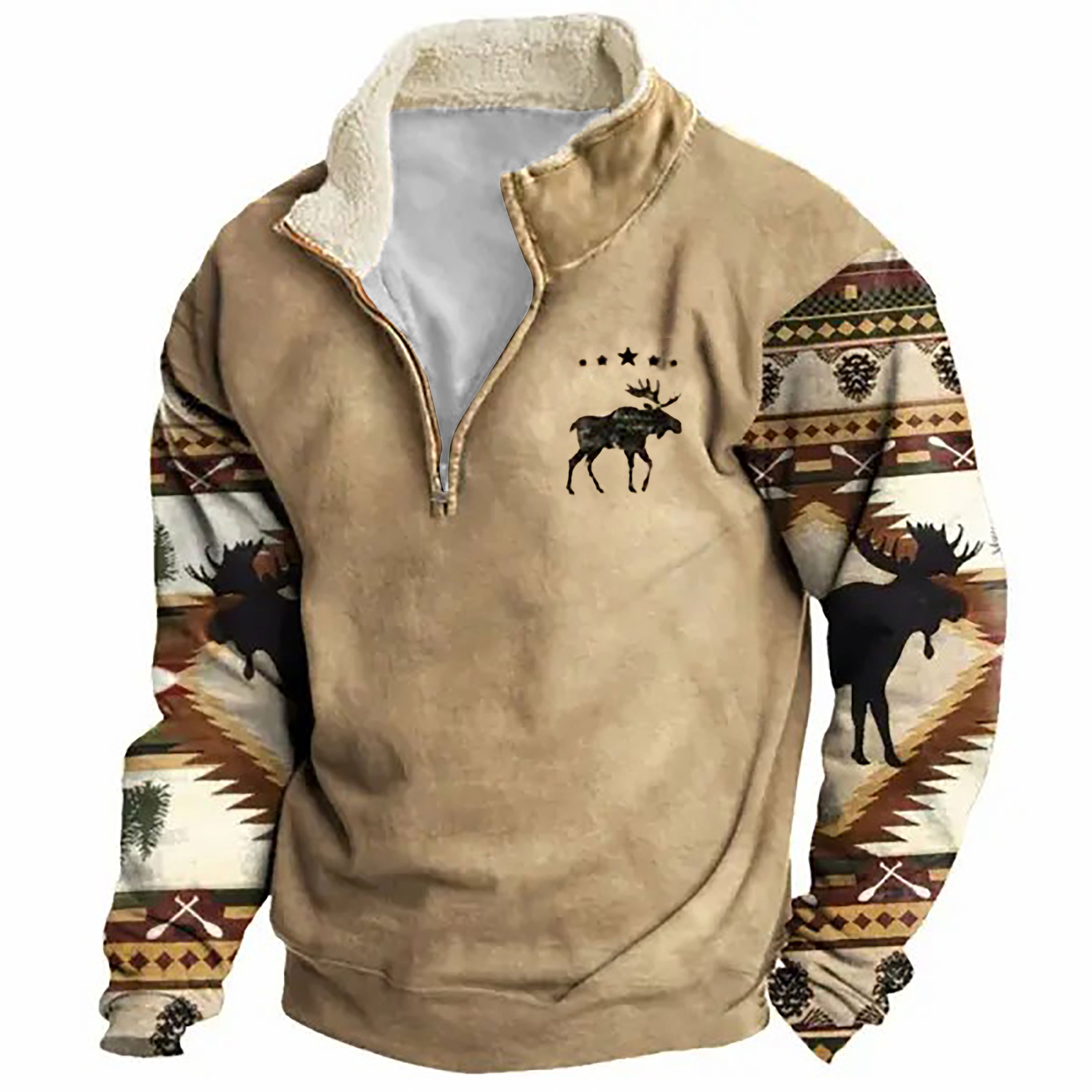 Sudadera retro Moose Creek Ethnic estampado Plush Half Open cuello Pullover para hombre