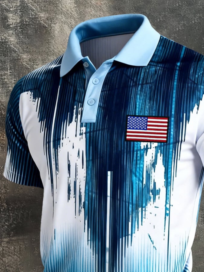 Retro Patriot en bloques de color Polo Collar de manga corta para hombre