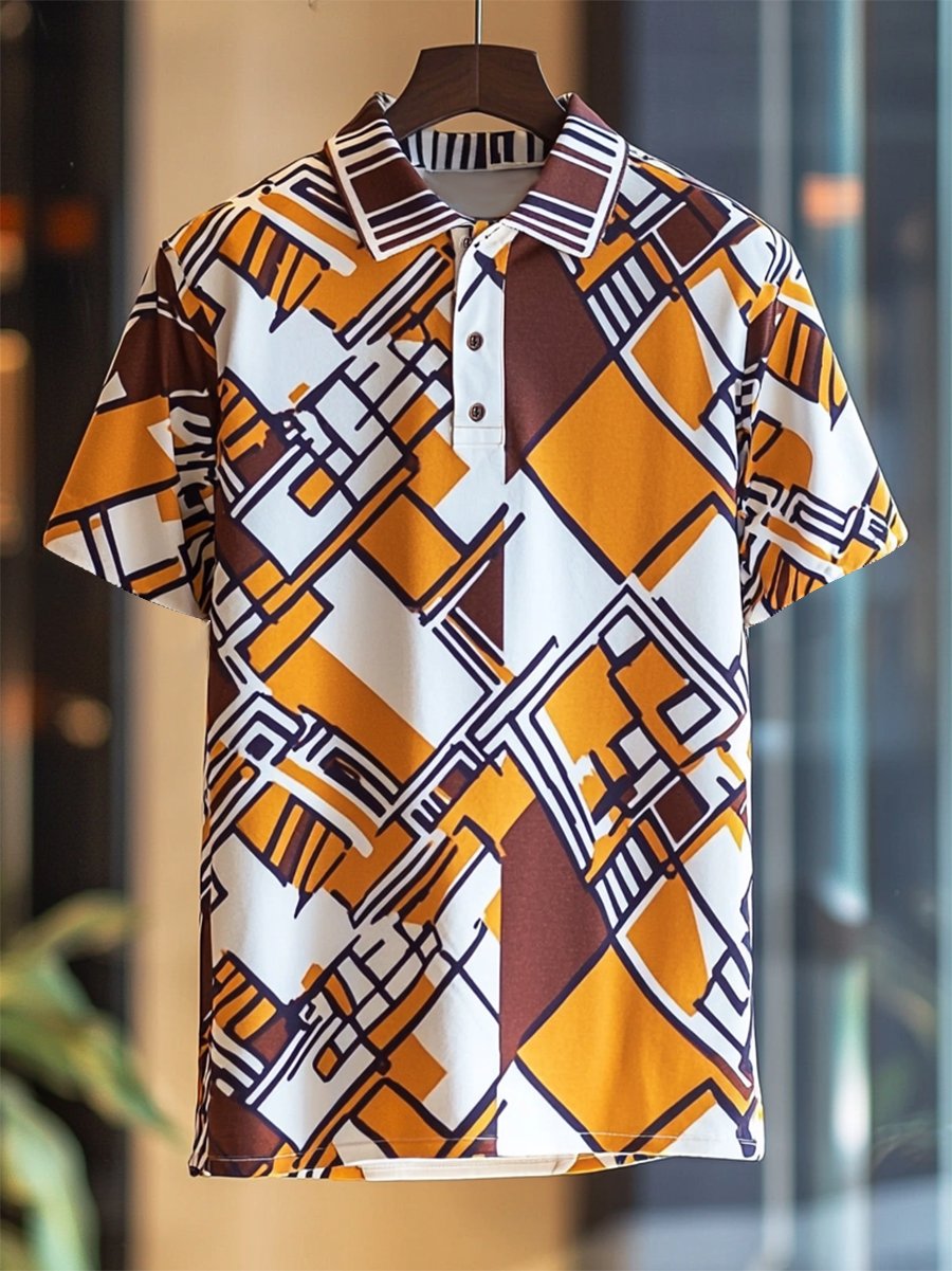 Camisa polo ejecutivo casual Bauhaus estampado Button de manga corta para hombre