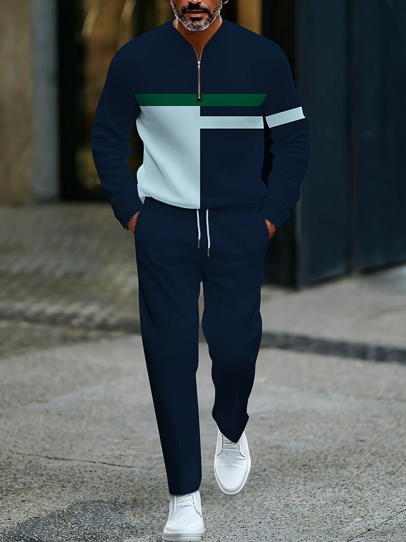 Conjunto de dos piezas casual Navy Blue Color Matching Geometric estampado Round-Neck Zipper de manga larga Trousers para hombre