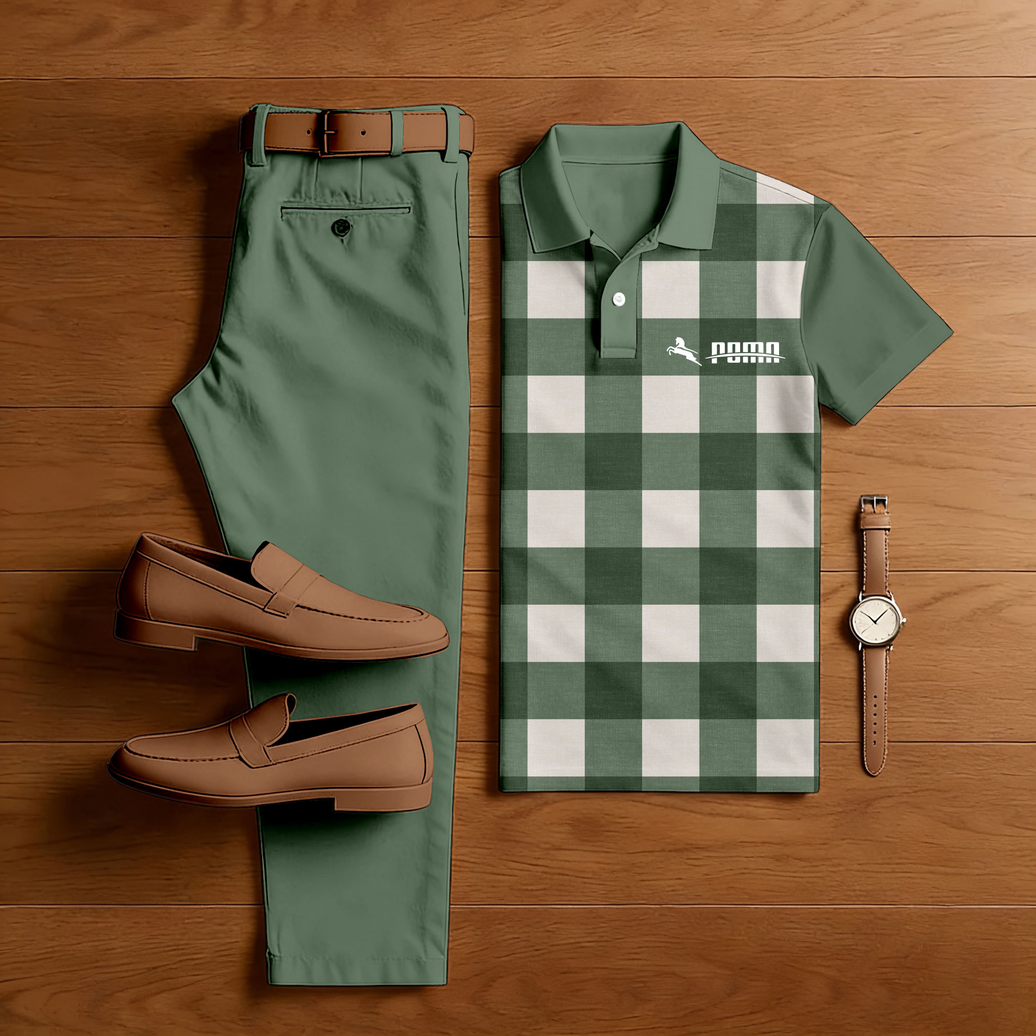 Conjunto de dos piezas casual Green a cuadros estampado camisa polo And pantalón para hombre
