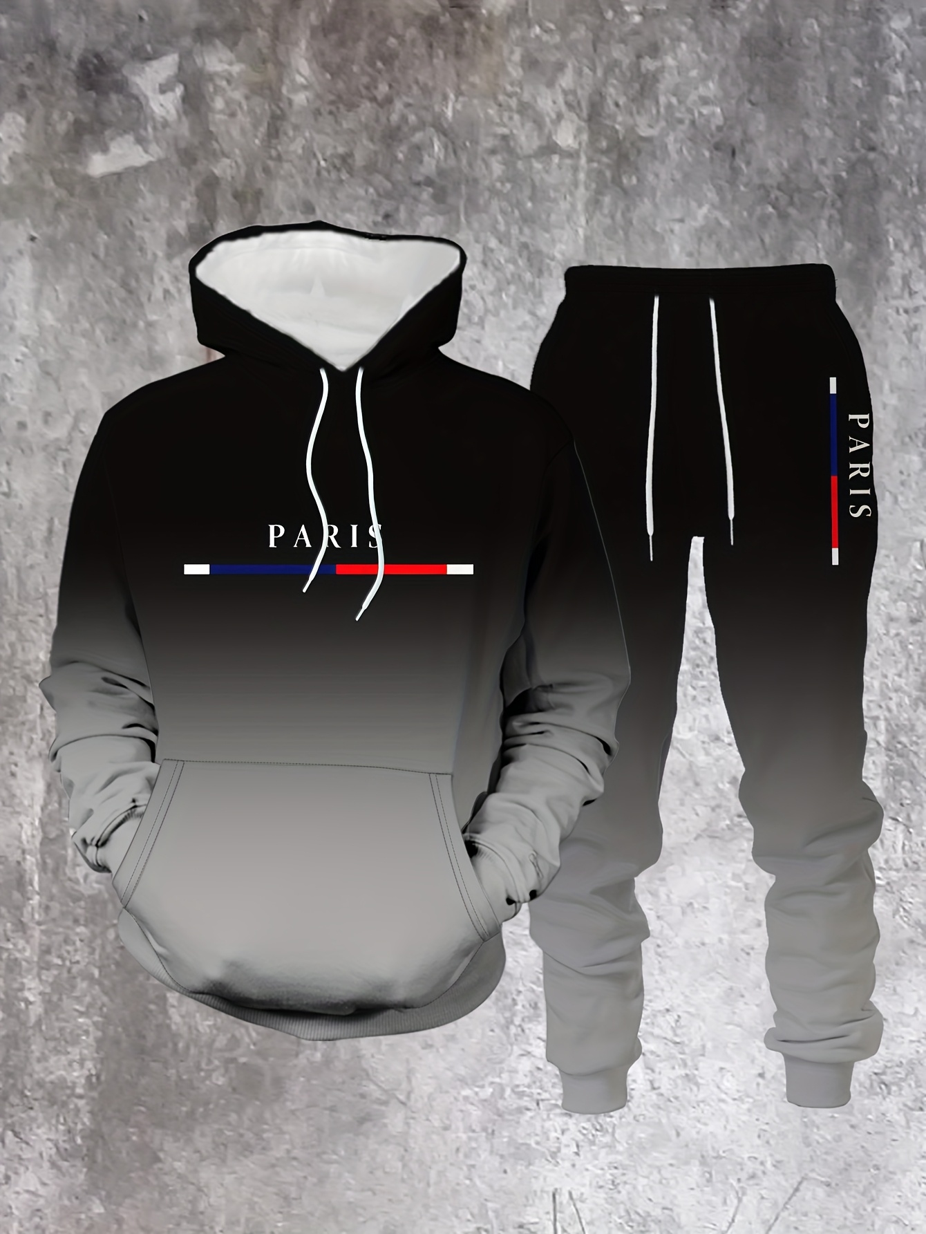 Conjunto de dos piezas casual Black Gradient Color estampado sudadera con capuchas de manga larga sudaderas & Sweatpantalón para hombre