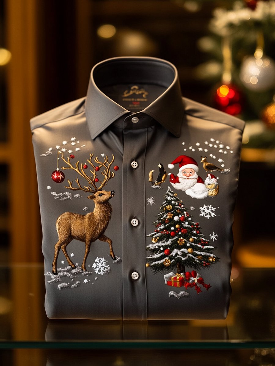 Camisa Christmas ejecutivo de lujo Christmas Tree and Christmas Elk de manga larga para hombre