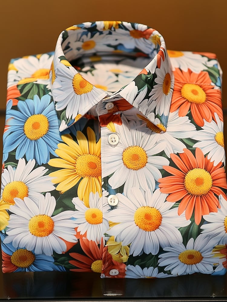 Camisa satén Luxe hawaiano Colorful Daisy All Over estampado de manga corta Button para hombre