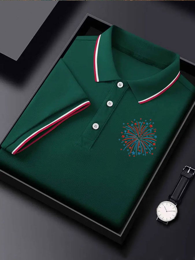 Camisa polo Independence Day retro Flag Embroidery Firepara trabajos estampado para hombre
