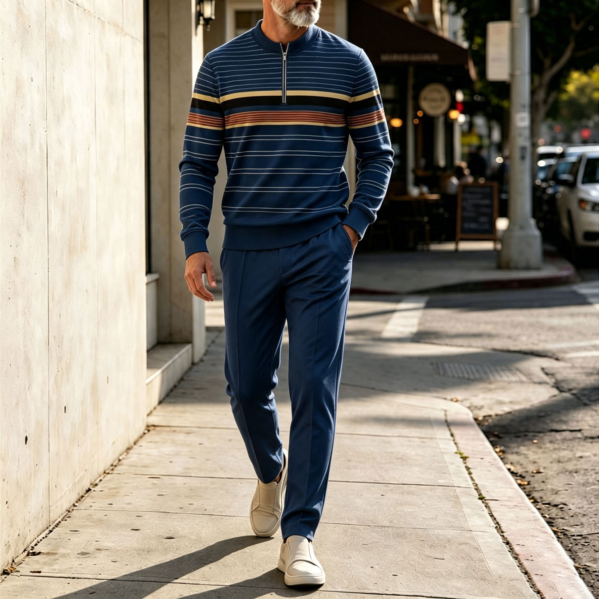 para hombre Two-Tone Round-Neck Zipper de manga larga camisa and pantalón Set