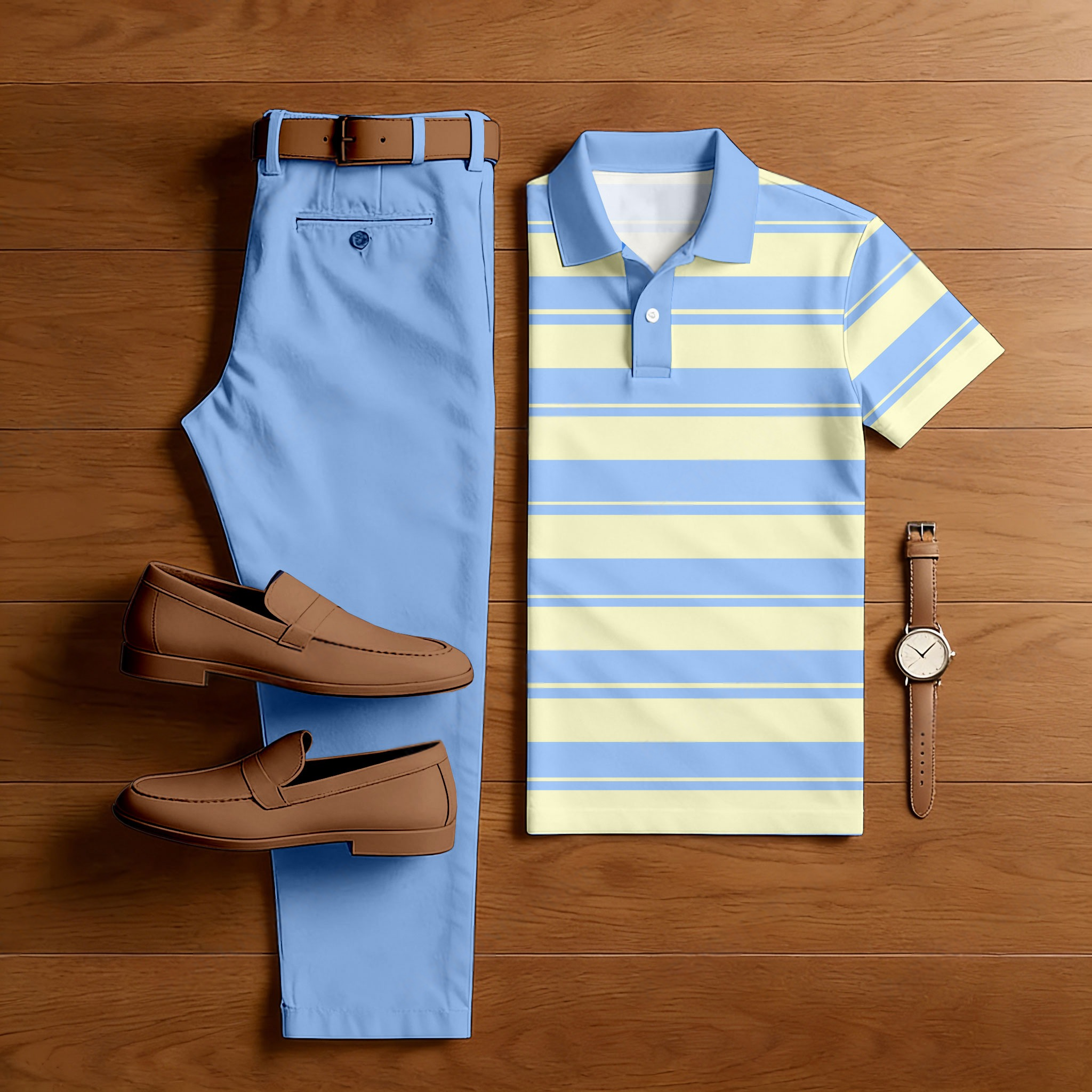 Conjunto de dos piezas casual Light Blue a rayas estampado de manga corta camisa And Trousers para hombre
