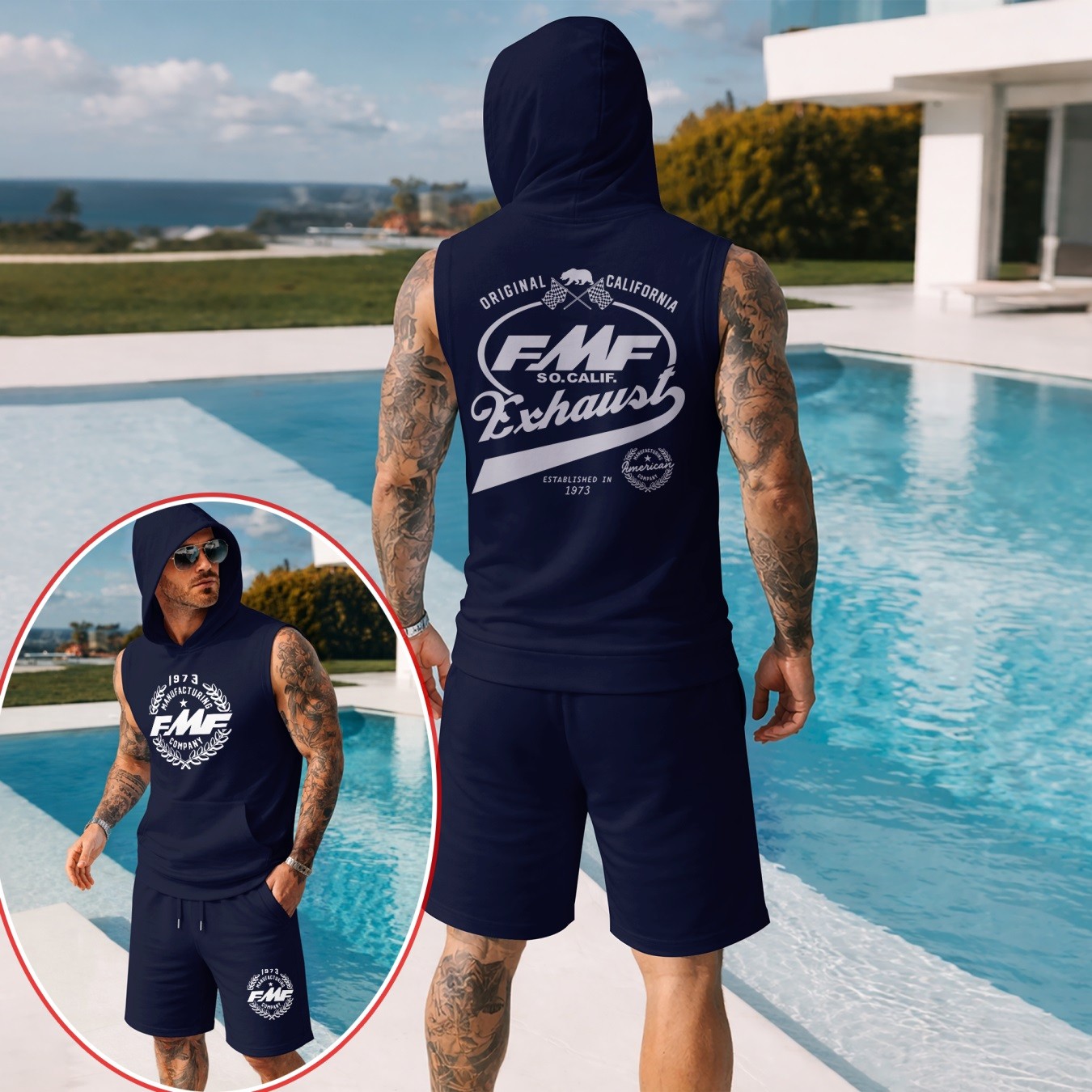 Conjunto de dos piezas : retro-estampado Hooded Vest & shorts — Regular Fit, casual Sporty Style, Sleeveless Top & shorts; Summer Apparel para hombre