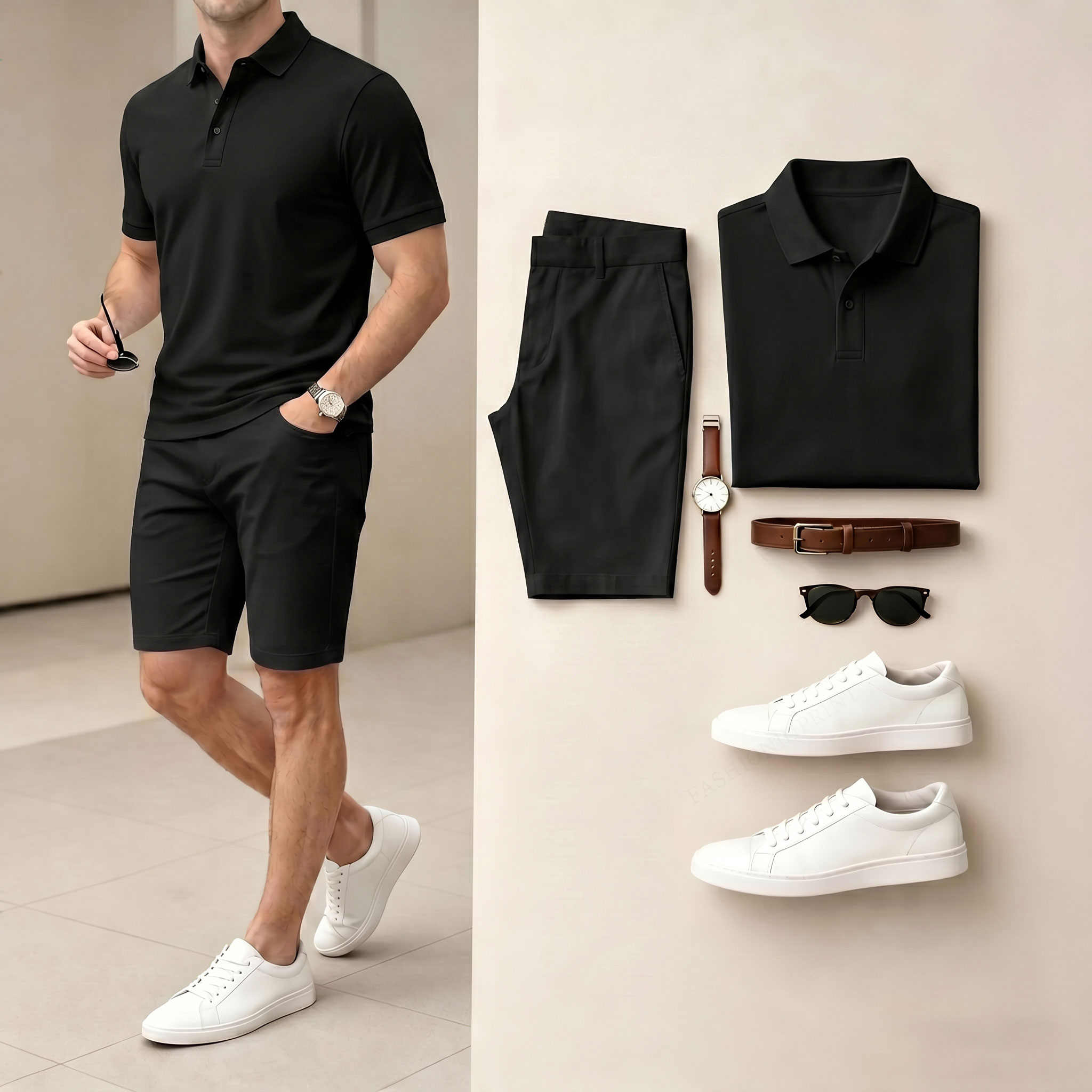 Conjunto de dos piezas casual Black Color camisa polo & shorts para hombre