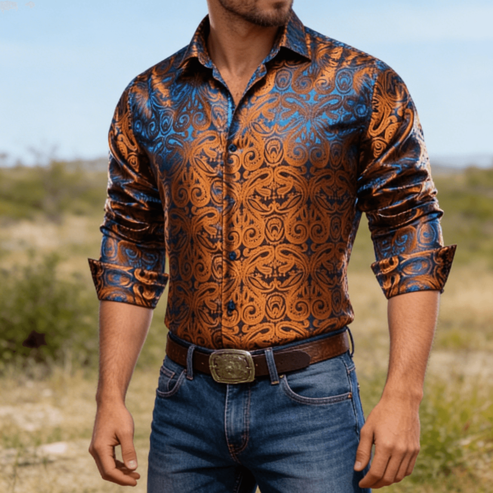 Camisa Copper Paisley con botones casual seda de manga larga camisa de chalecoir
