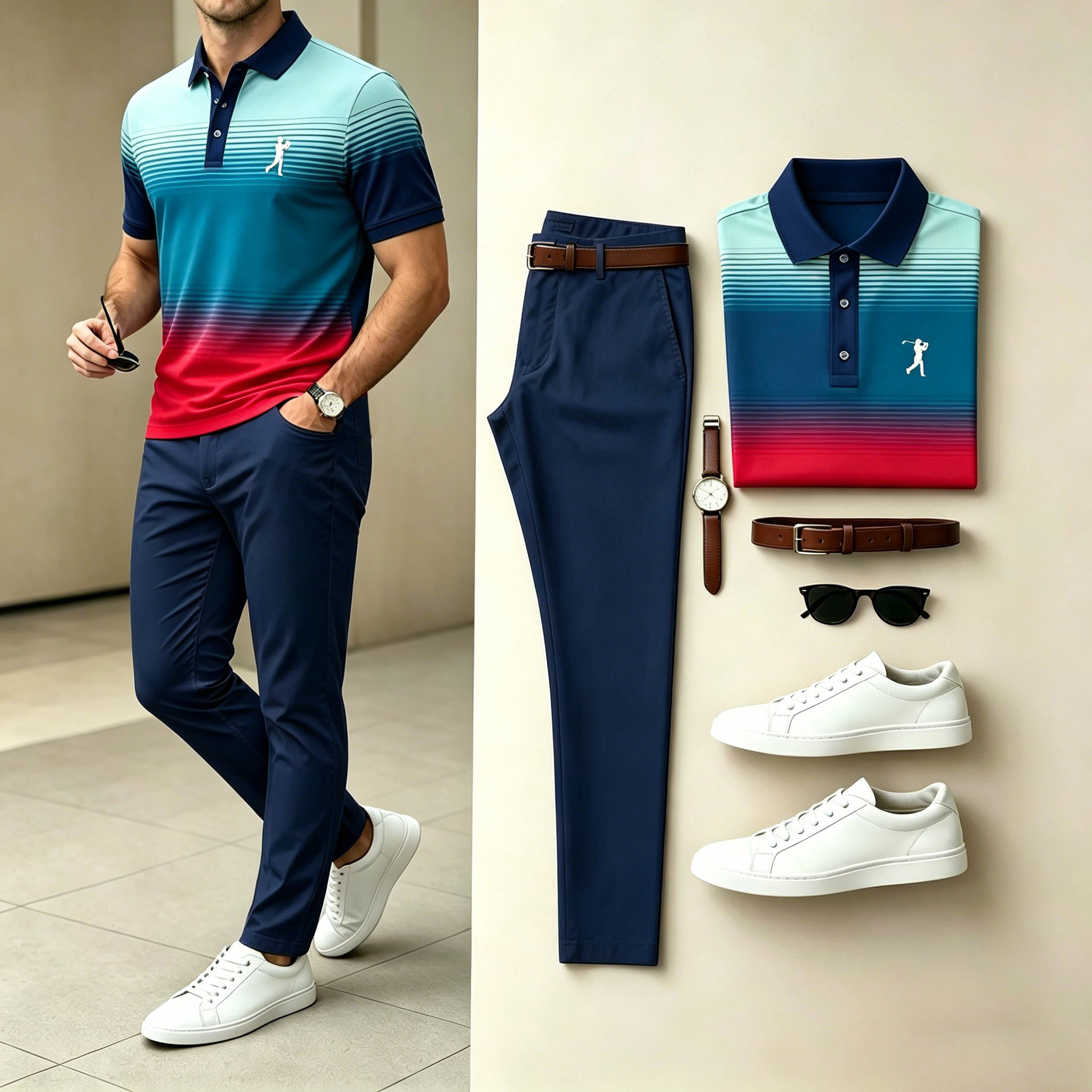 Conjunto de dos piezas casual Navy Teal Red Gradient estampado camisa polo & pantalón para hombre