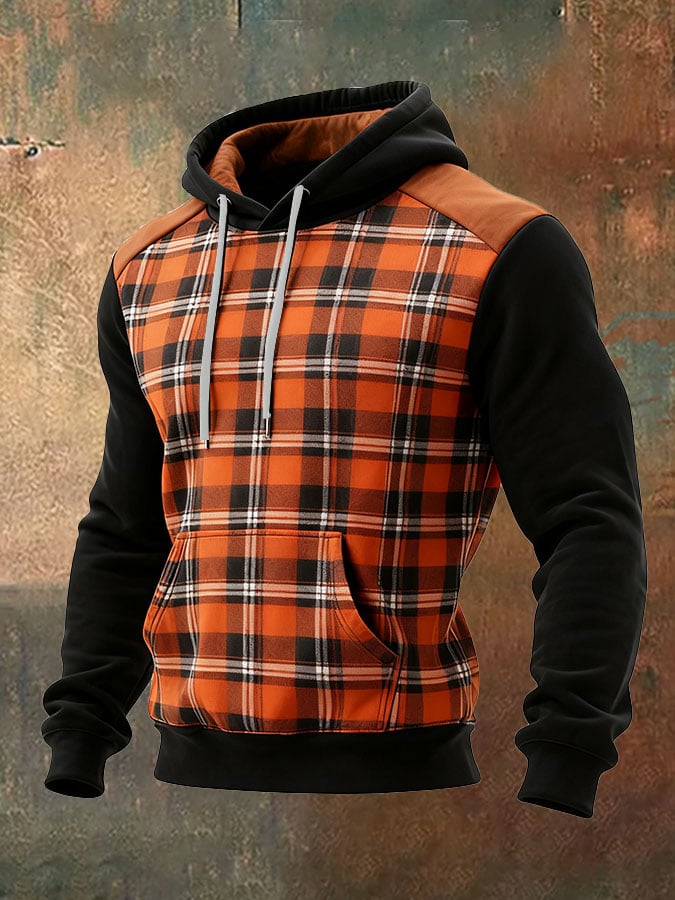 Sudadera casual retro a cuadros estampado de manga larga Hooded para hombre