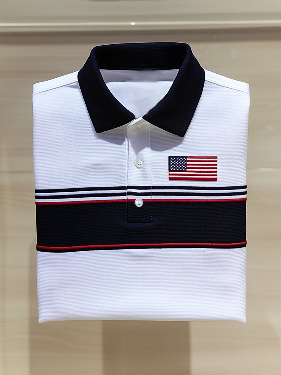 Camisa polo ejecutivo casual a rayas Independence Day Button de manga corta para hombre