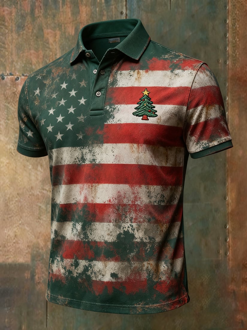 Camisa polo vintage Christmas American Flag con botones de manga corta para hombre