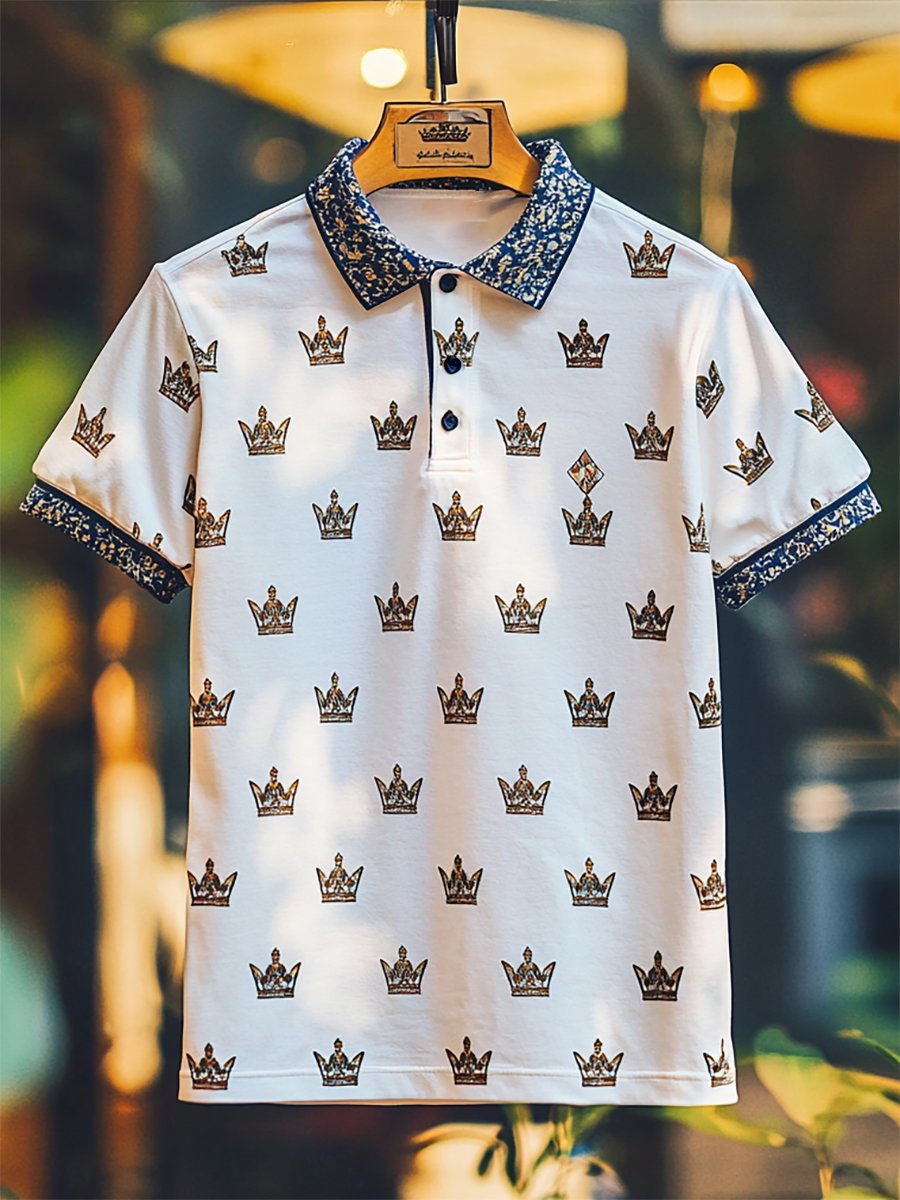 Camisa polo casual ejecutivo Crown estampado Button de manga corta para hombre